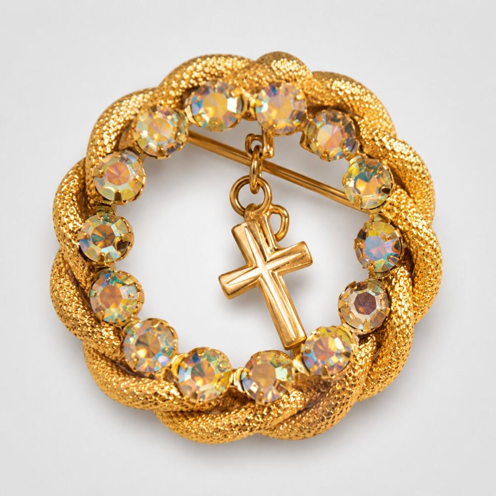 Vintage Blue Rhinestone Brooch Pin 1" Enamel Cross Charm Christian go-69